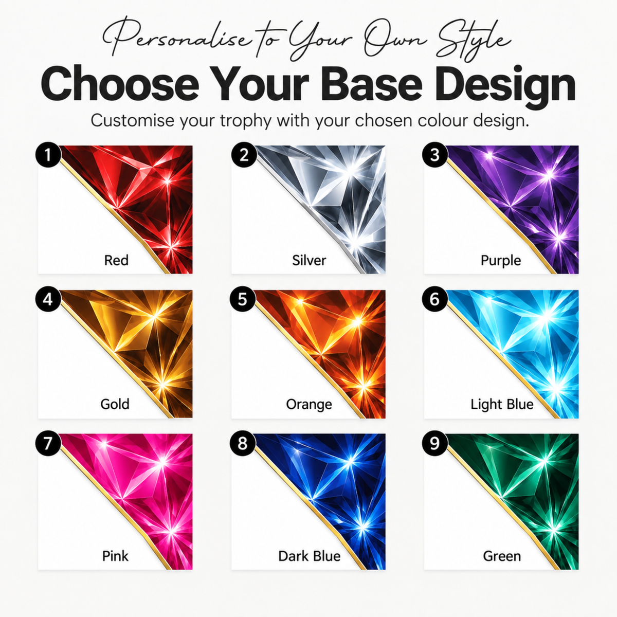Nine prism colours for glass-effect acrylic awards: red, silver, purple, gold, orange, light blue, pink, dark blue, green
