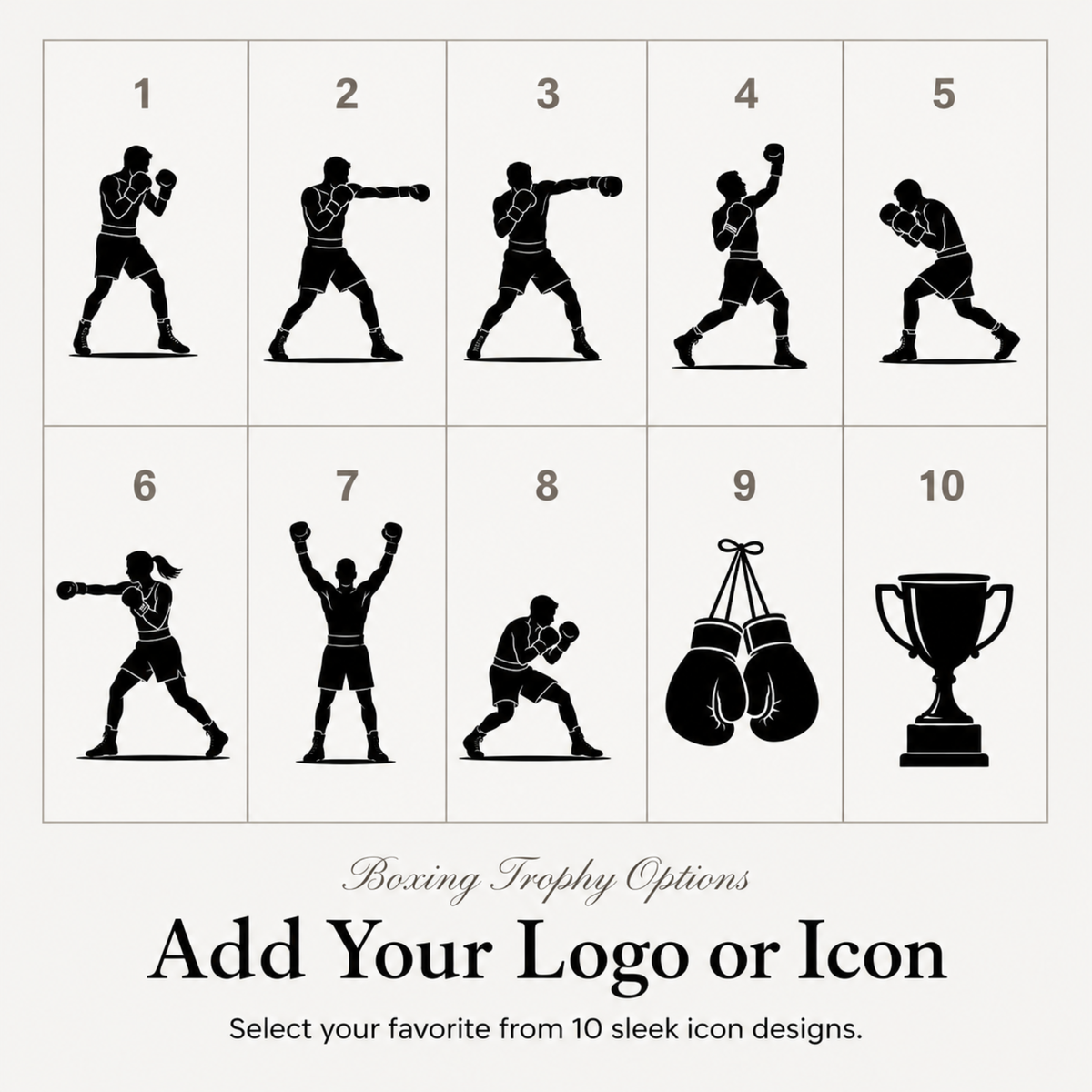 Ten boxing symbols for club trophies, or upload your own gym or club badge