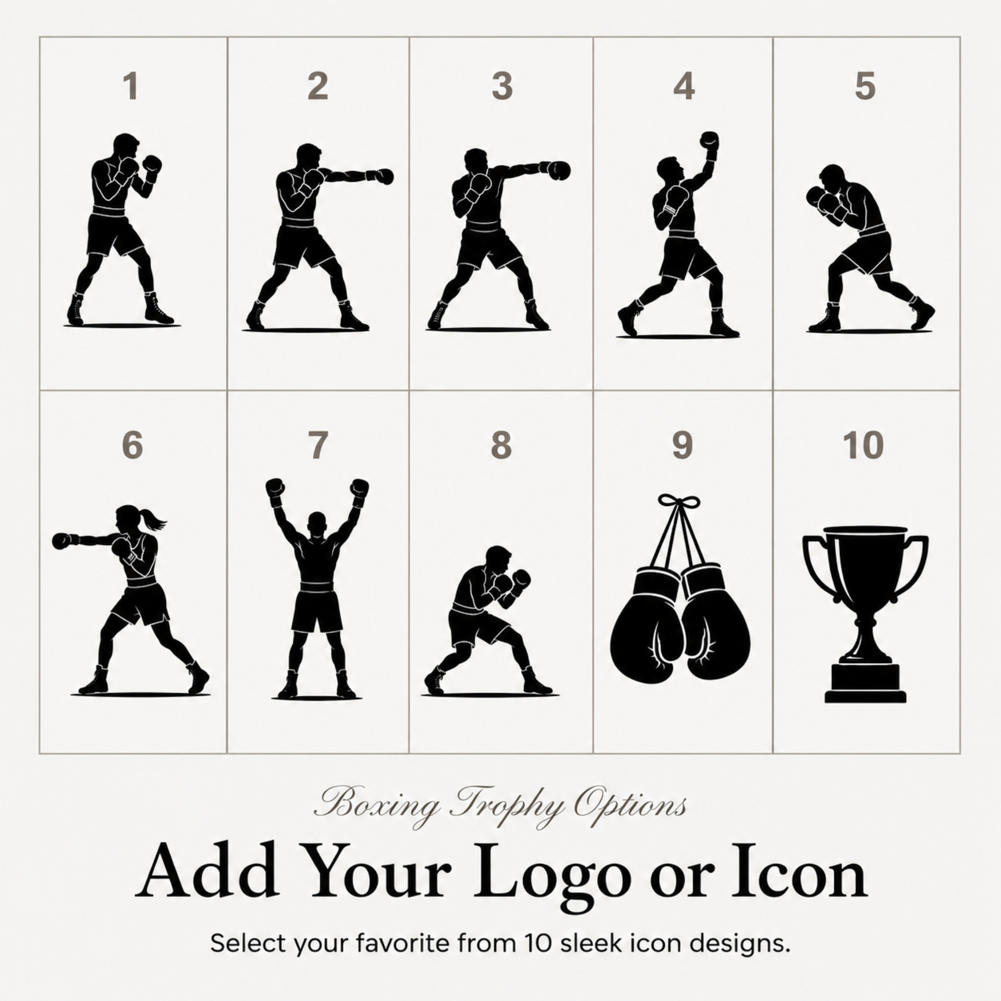 Ten boxing symbols for club trophies, or upload your own gym or club badge