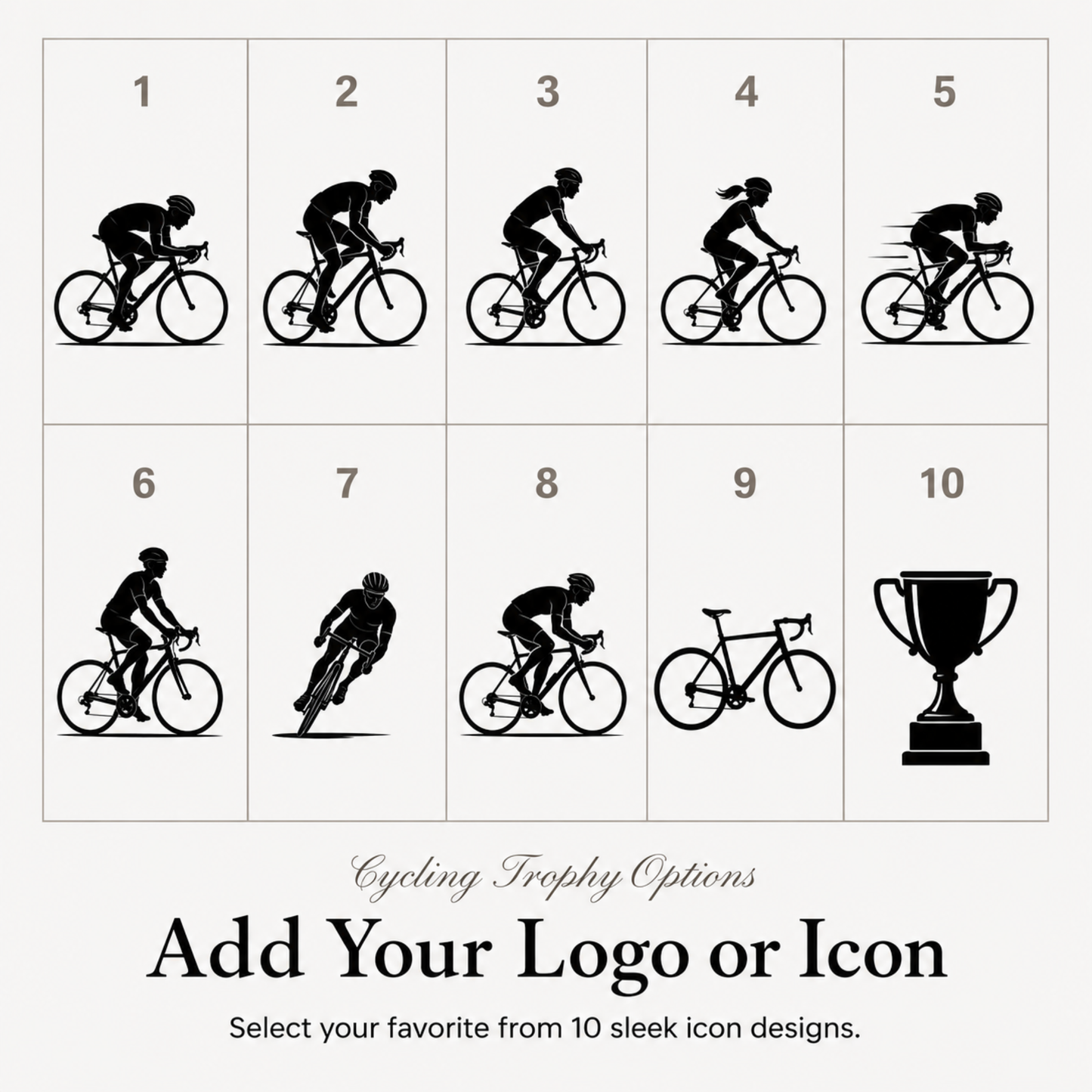 Ten cycling symbols for club trophies, or upload your own club or school crest