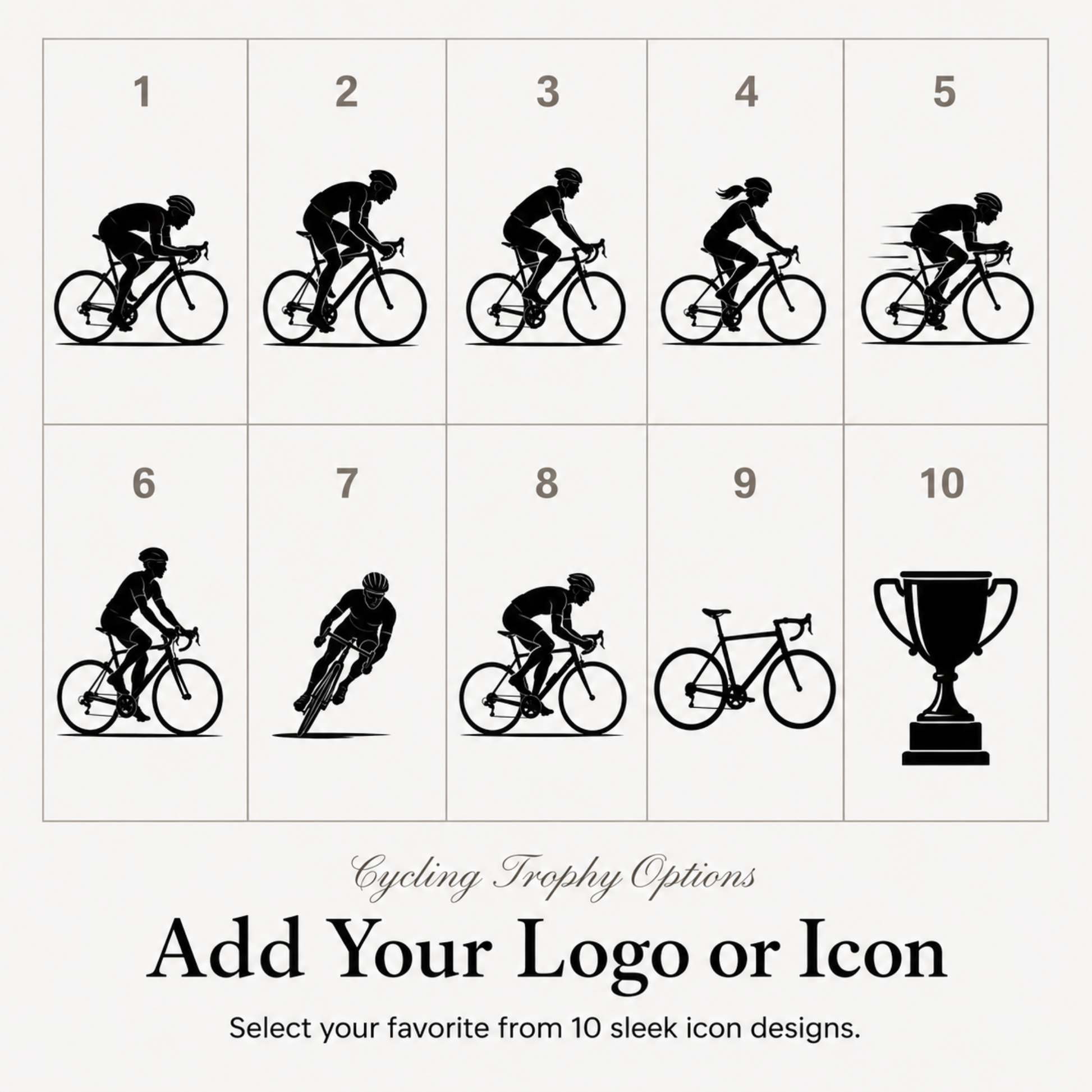 Ten cycling symbols for club trophies, or upload your own club or school crest