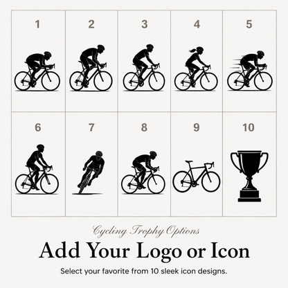 Ten cycling symbols for club trophies, or upload your own club or school crest