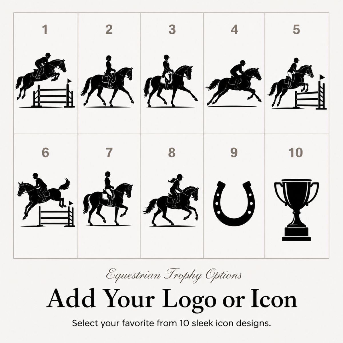 Ten equestrian symbols for club trophies, or upload your own centre or pony club crest