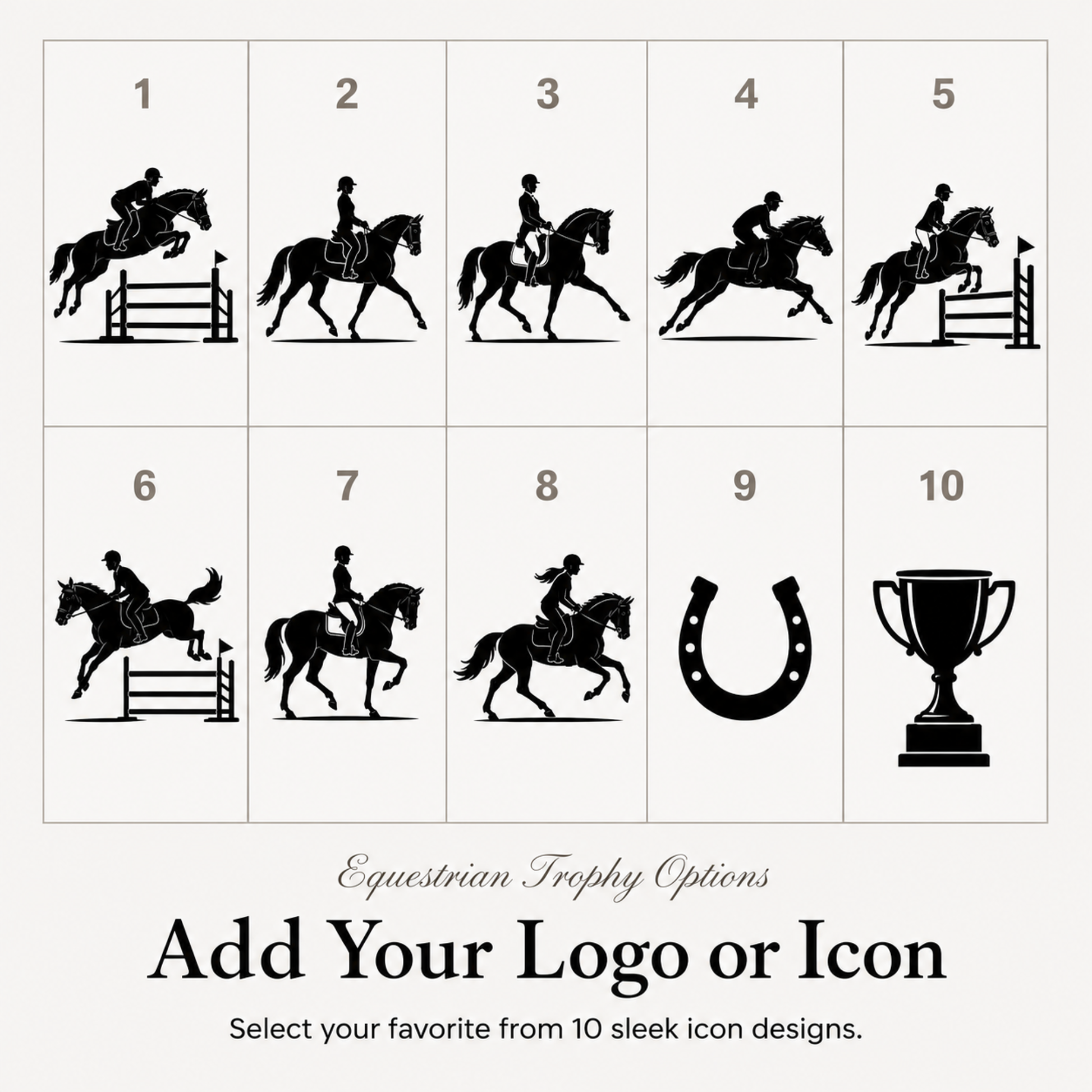 Ten equestrian symbols for club trophies, or upload your own centre or pony club crest