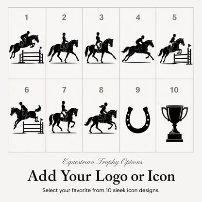 Ten equestrian symbols for club trophies, or upload your own centre or pony club crest
