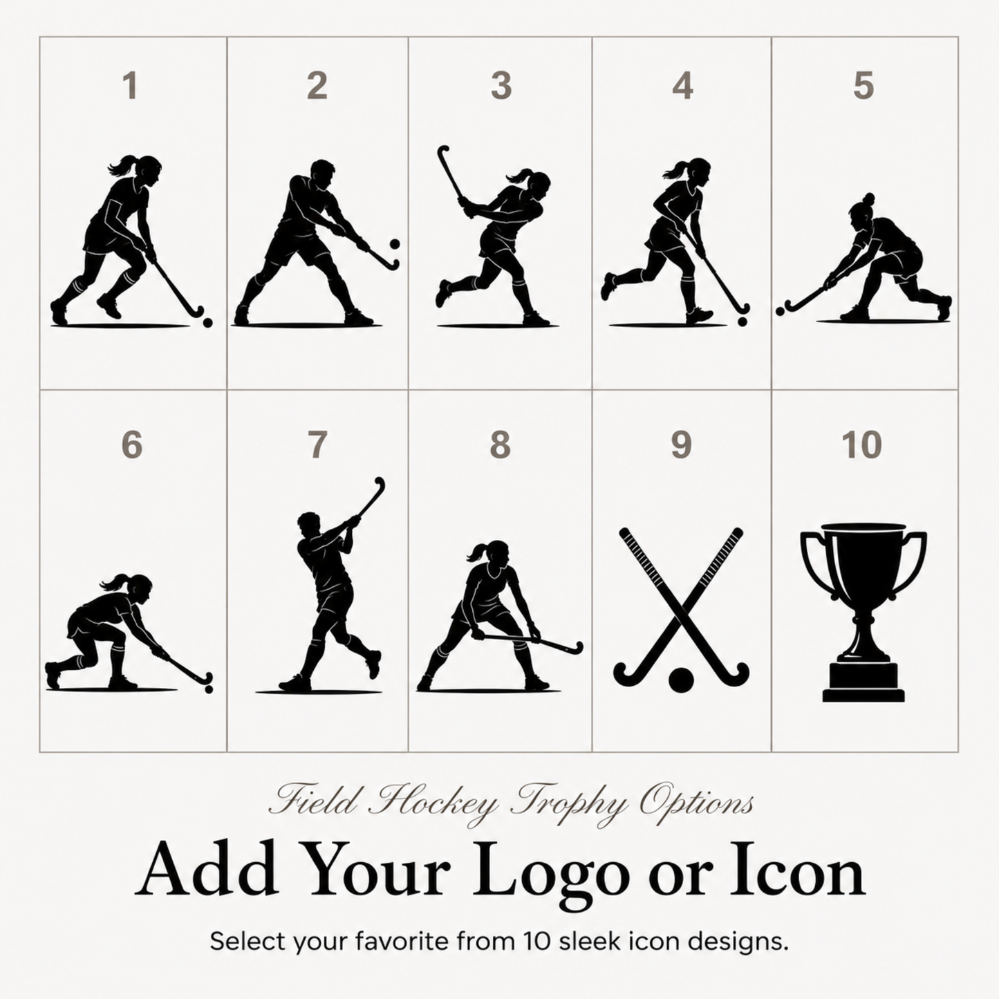 Ten field hockey symbols for club trophies, or upload your own club or school crest