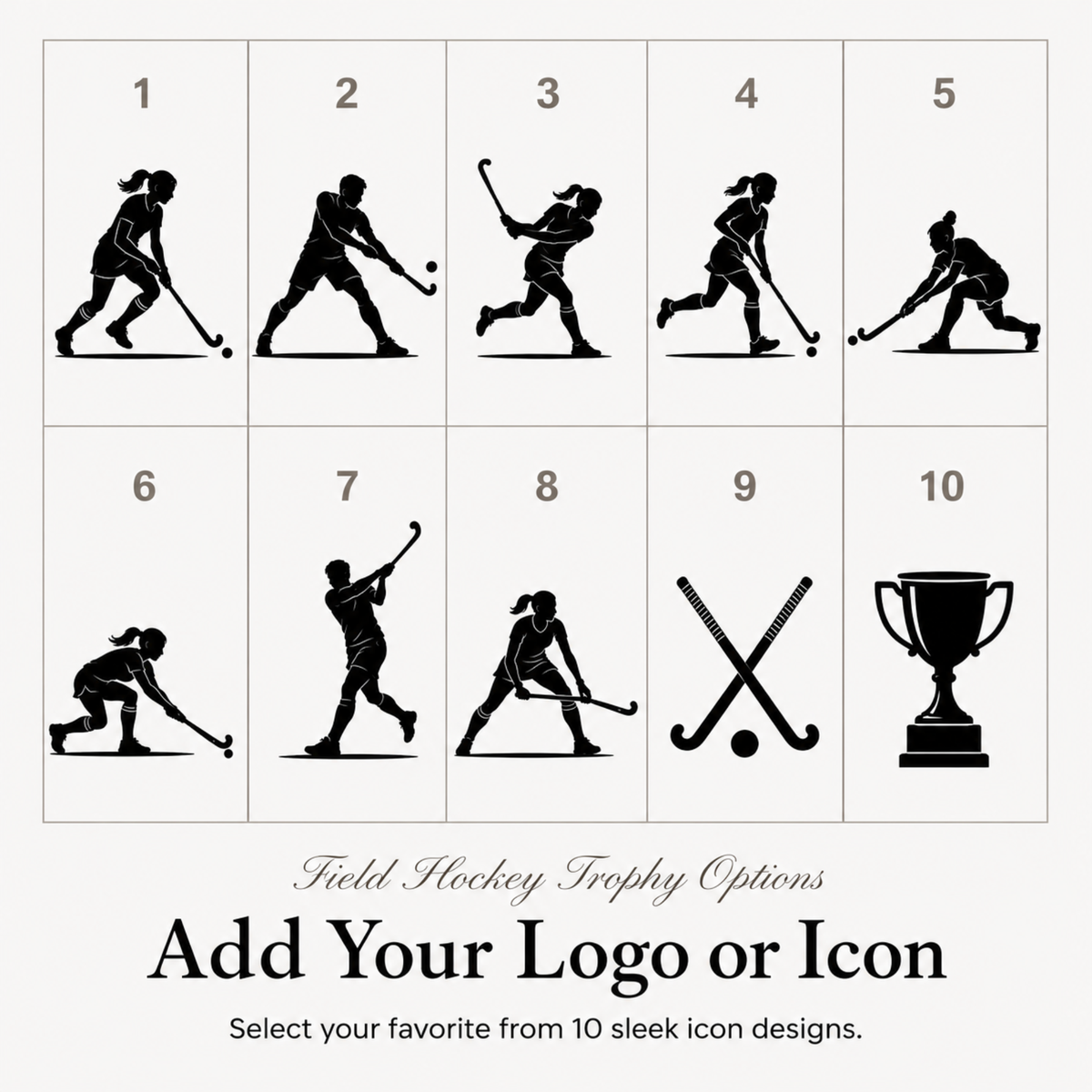 Ten field hockey symbols for club trophies, or upload your own club or school crest