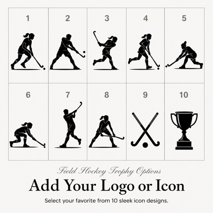 Ten field hockey symbols for club trophies, or upload your own club or school crest
