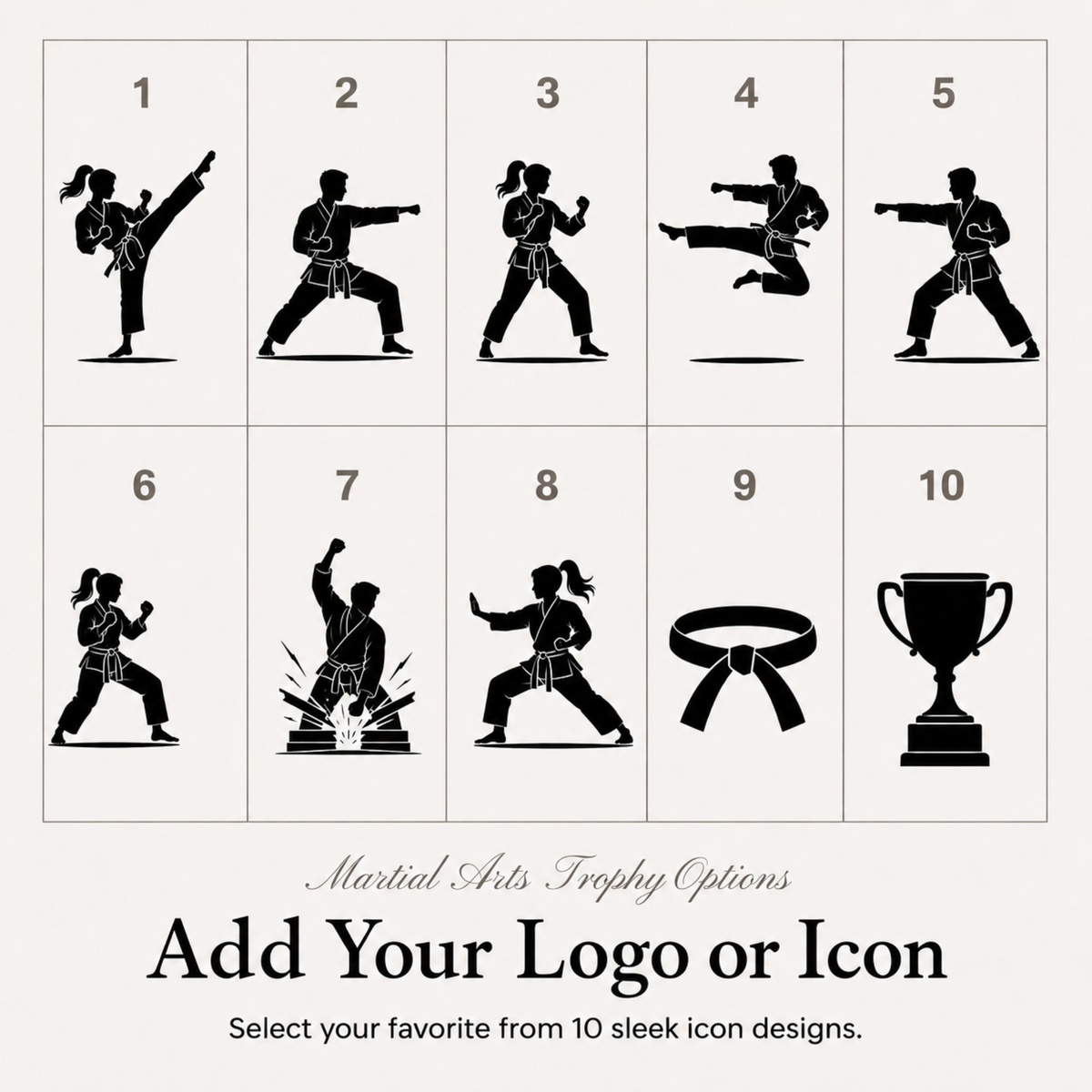 Ten martial arts symbols for club trophies, or upload your own dojo or academy badge
