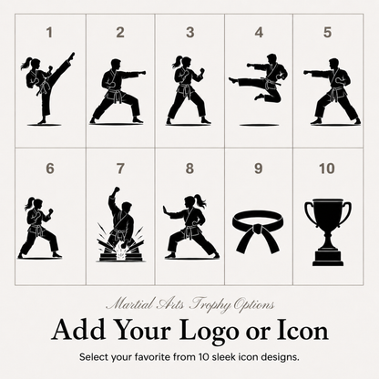Ten martial arts symbols for club trophies, or upload your own dojo or academy badge
