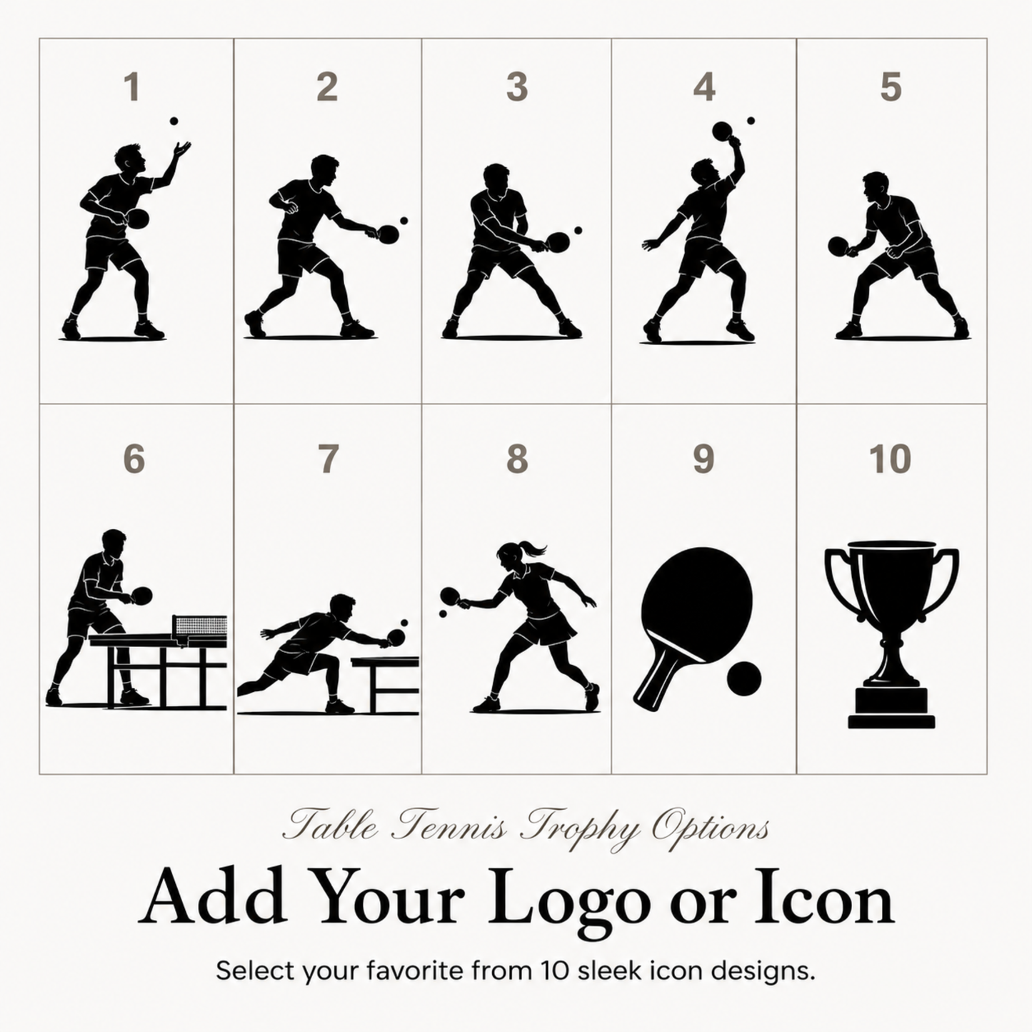 Ten table tennis symbols for club trophies, or upload your own club or school crest