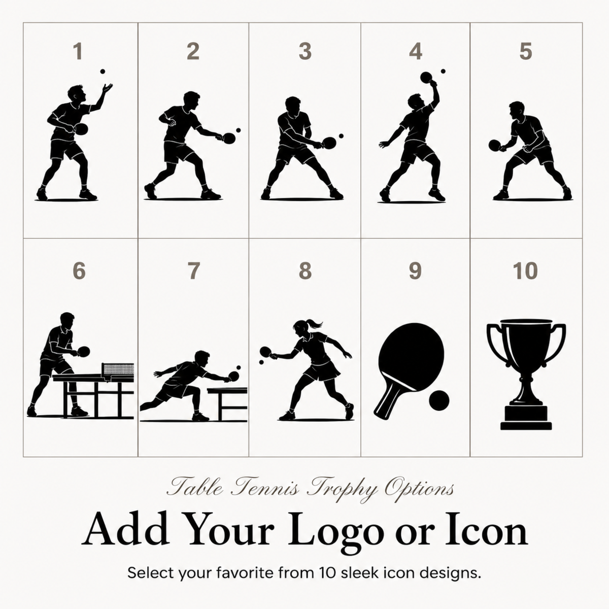 Ten table tennis symbols for club trophies, or upload your own club or school crest