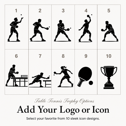 Ten table tennis symbols for club trophies, or upload your own club or school crest