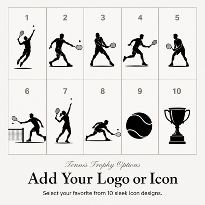 Ten tennis symbols for club trophies, or upload your own club or school crest
