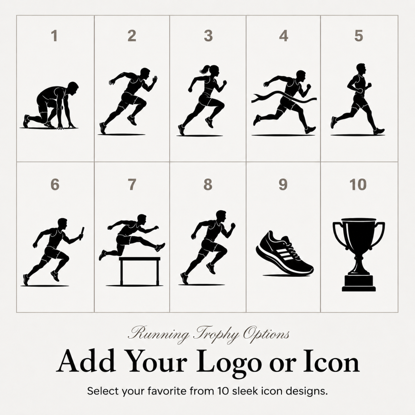 Ten running symbols for club trophies, or upload your own club or school crest