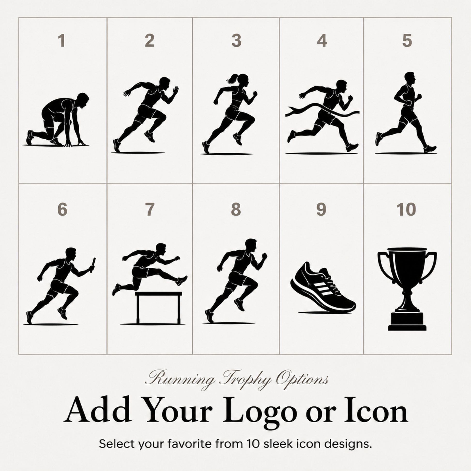 Ten running symbols for club trophies, or upload your own club or school crest