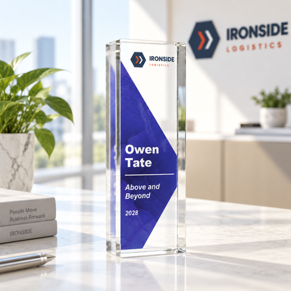 Slim corporate trophy with company logo in royal blue for an Above and Beyond award