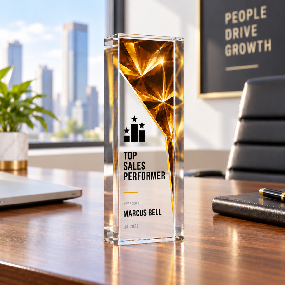 Slim top sales award in gold prism design, custom acrylic trophy with sales icon