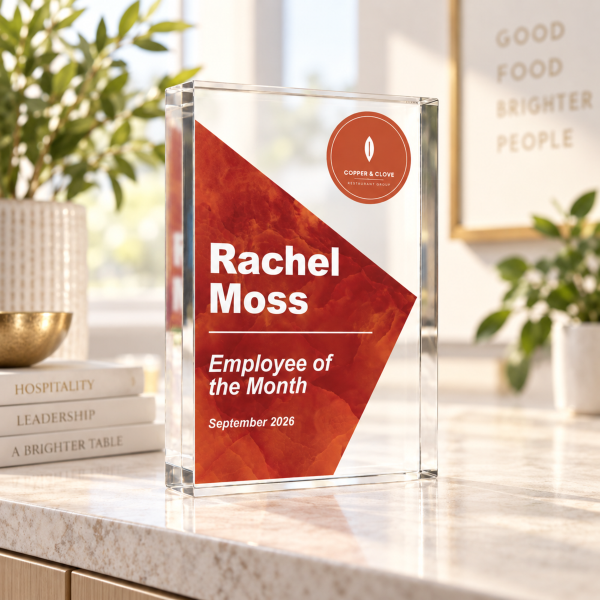 Company award trophy with logo for Employee of the Month, deep orange Colour Block design