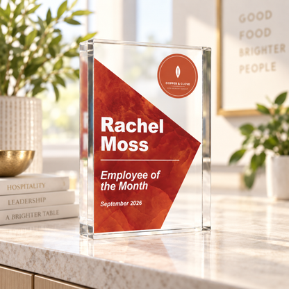 Company award trophy with logo for Employee of the Month, deep orange Colour Block design