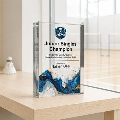 Slim upright Junior Singles Champion badminton trophy with a club crest