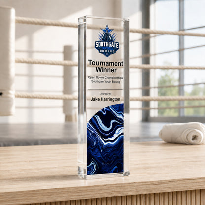 Slim upright boxing trophy printed with a boxing club crest for a tournament winner