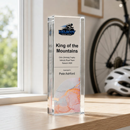 Personalised cycling trophy printed with a club crest for a King of the Mountains award