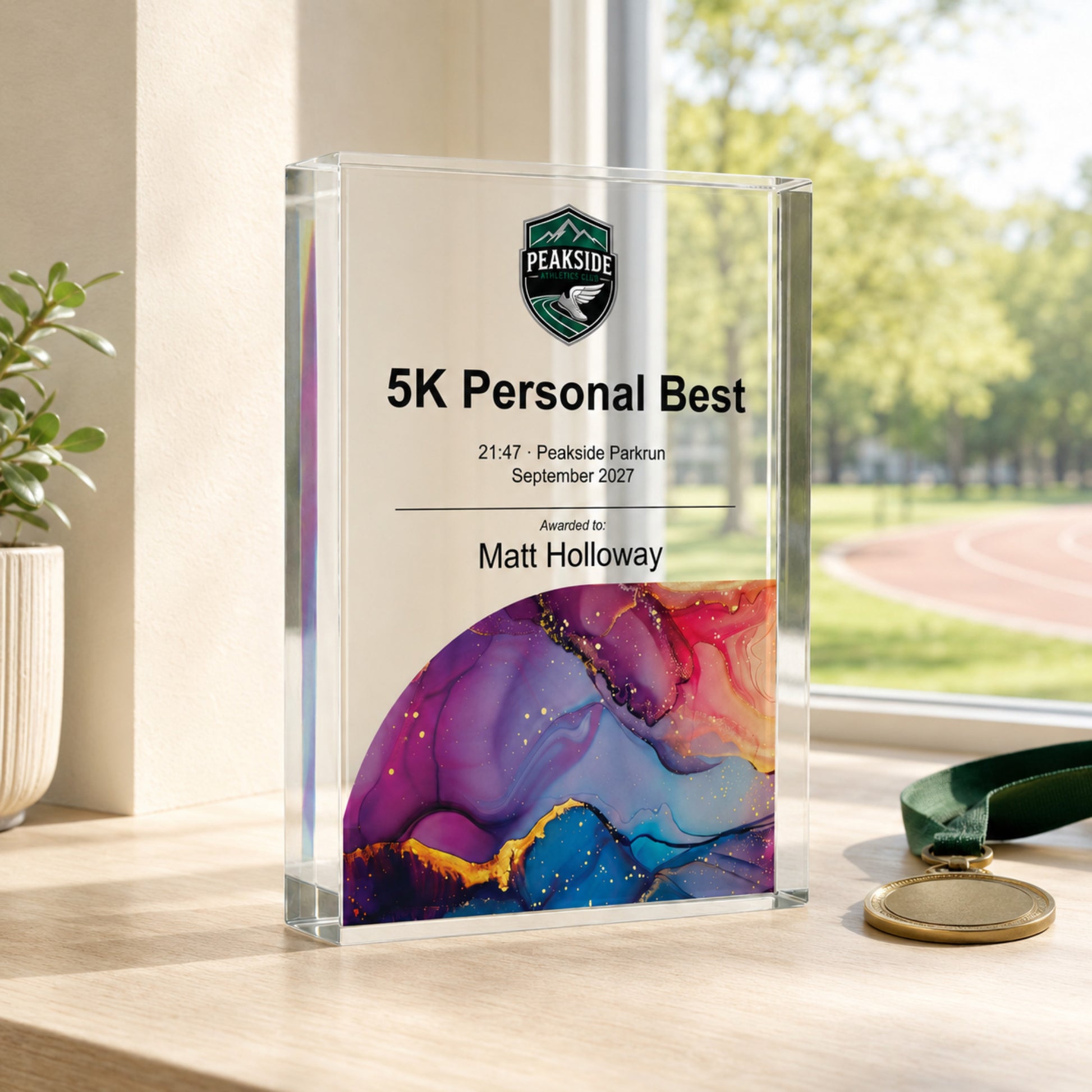 Personalised running trophy printed with a club crest for a 5K personal best award