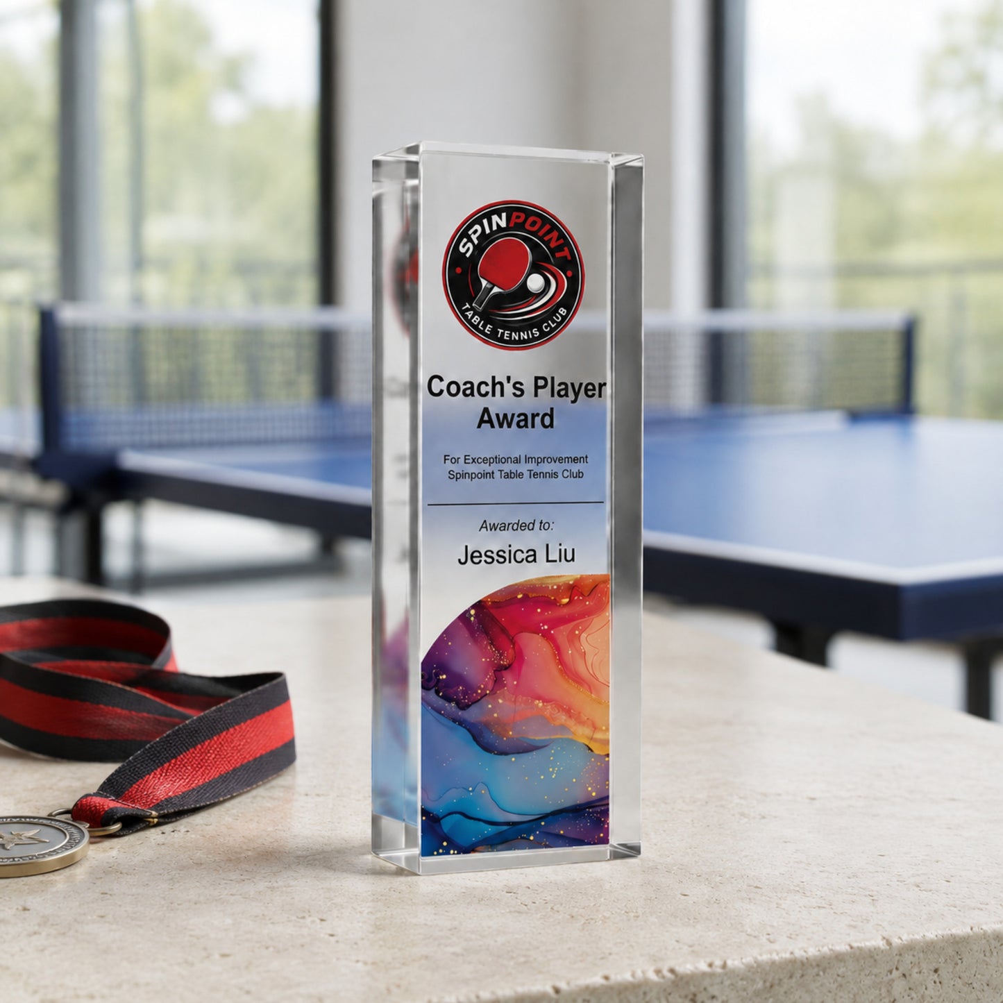 Slim upright table tennis trophy printed with an academy crest for a coach's player award