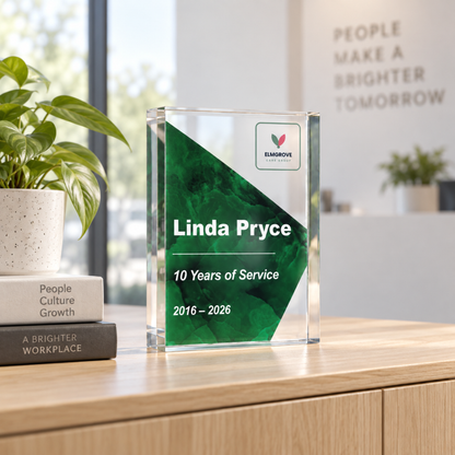 Corporate long service award with company logo marking 10 years of service, forest green acrylic