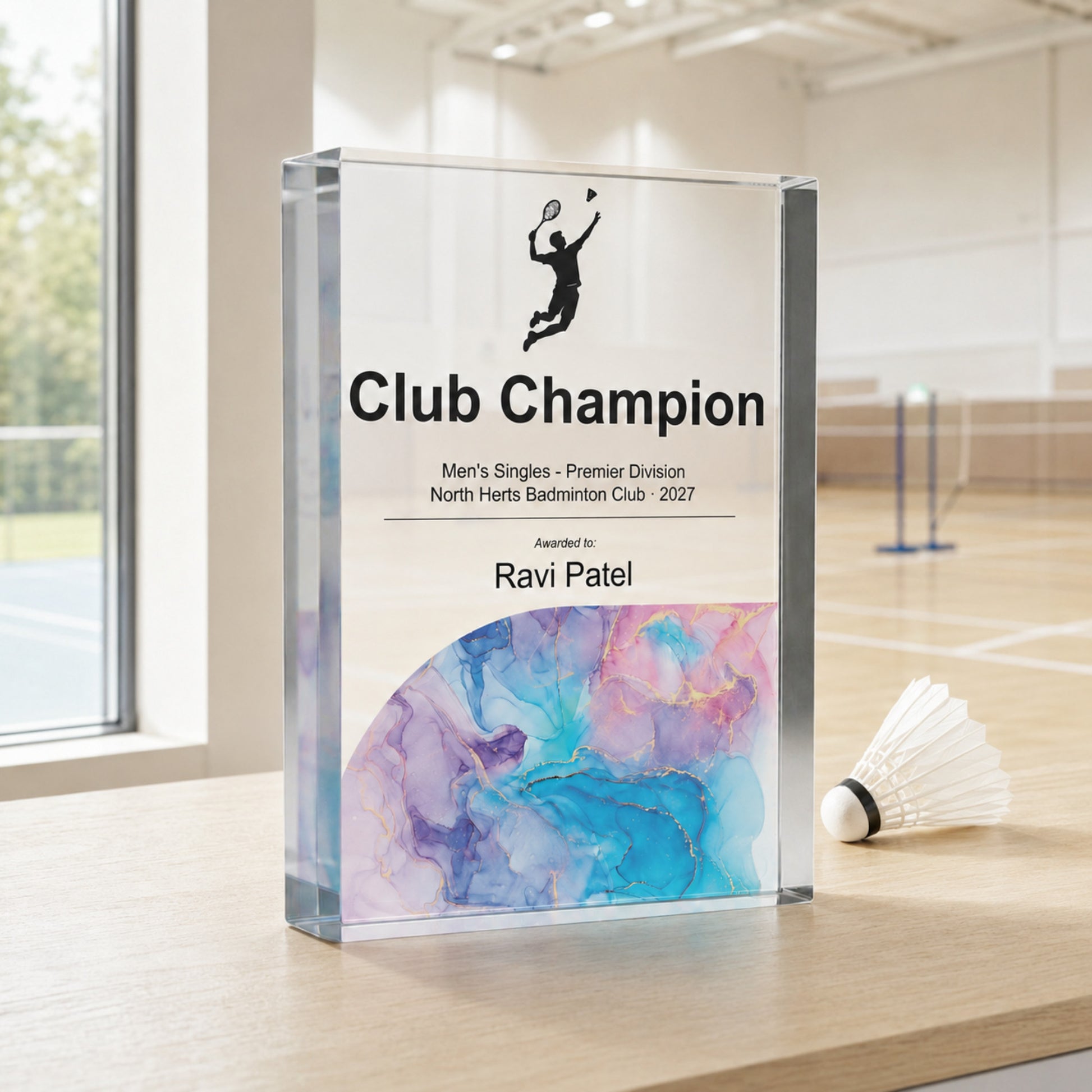 Club Champion badminton award for a club championship presentation