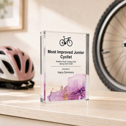 Most Improved Junior Cyclist trophy for a youth cycling club award evening