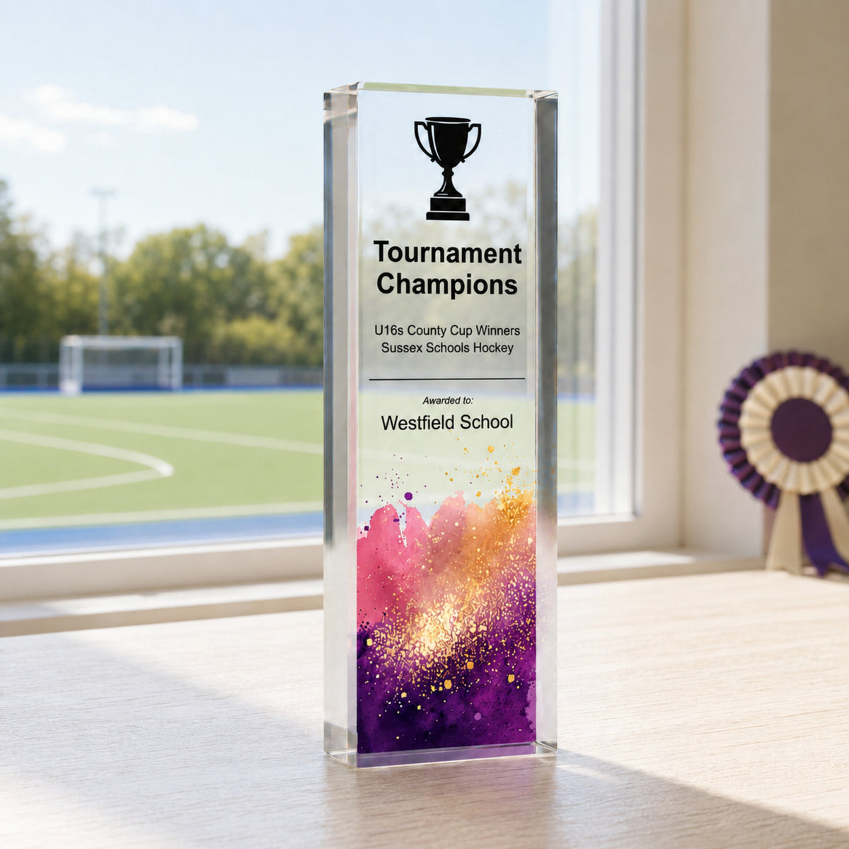 Tournament Champions hockey trophy for a school county cup presentation