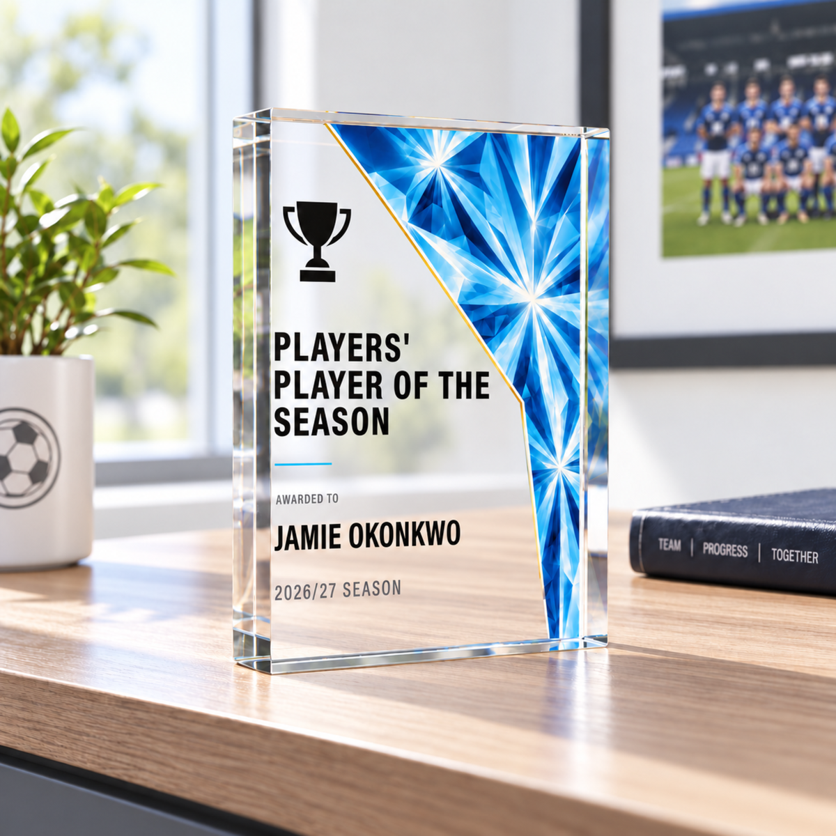 Players' Player of the Season presentation night trophy in light blue prism design