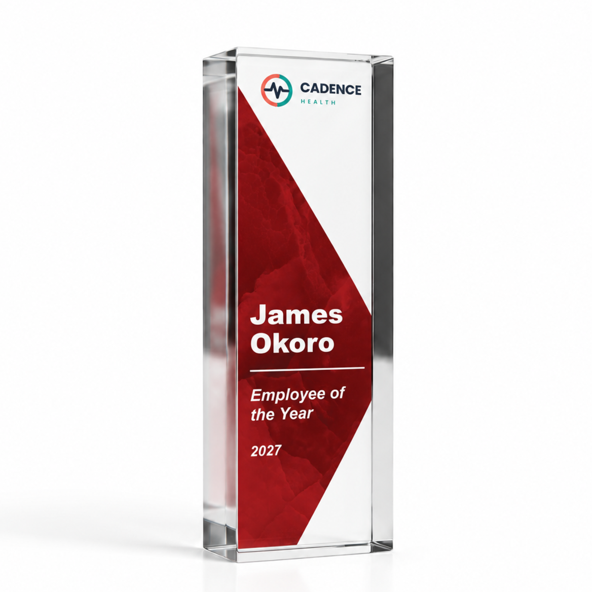 Corporate award in large tall 20 x 6cm, red Employee of the Year trophy printed with company logo