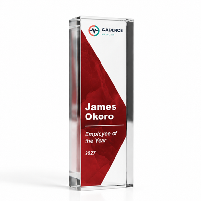 Corporate award in large tall 20 x 6cm, red Employee of the Year trophy printed with company logo