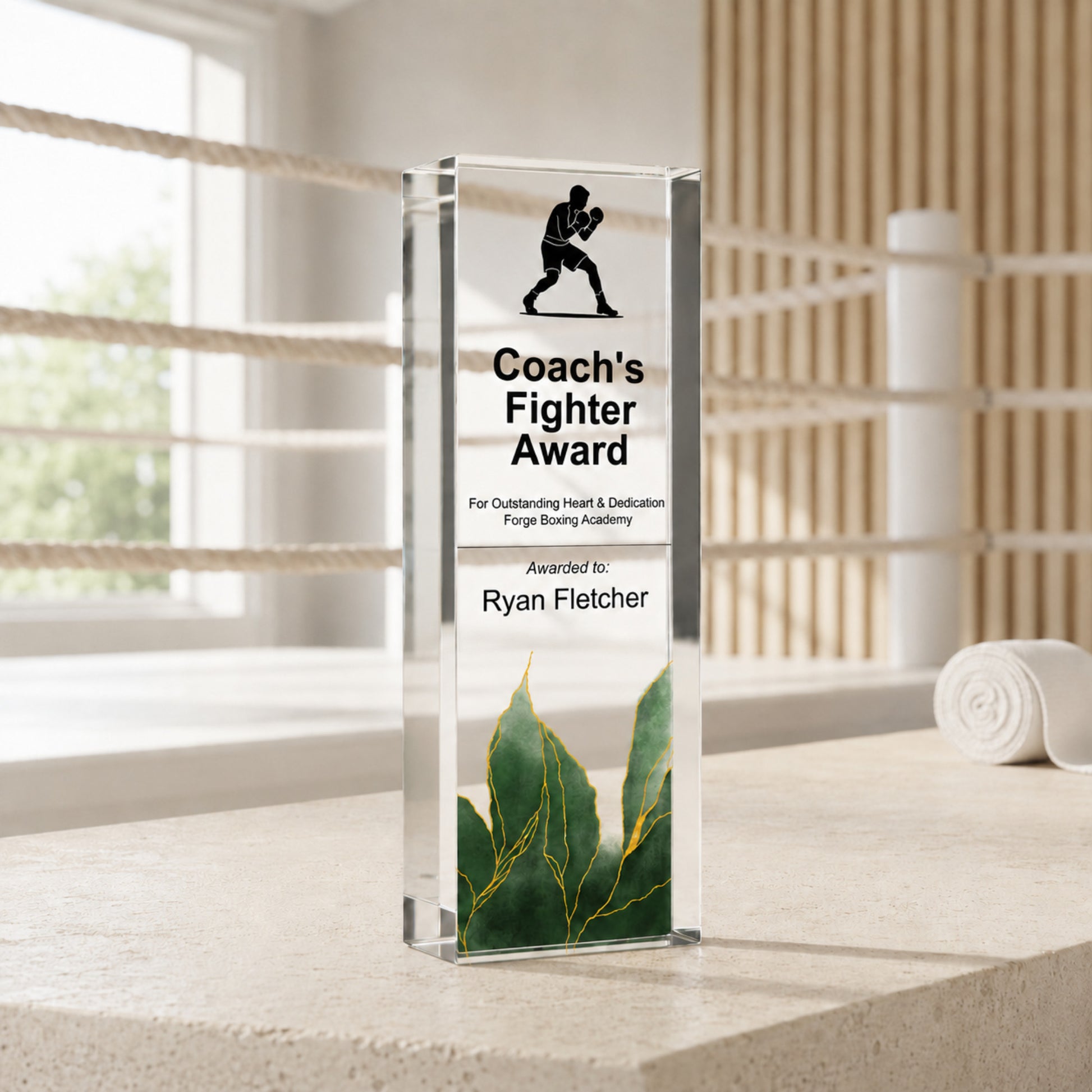 Slim upright Coach's Fighter Award trophy for a boxing club presentation night