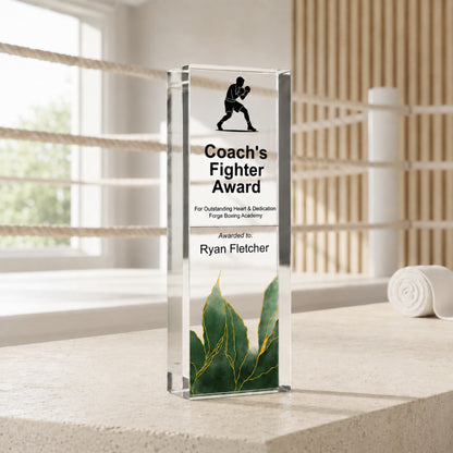 Slim upright Coach's Fighter Award trophy for a boxing club presentation night