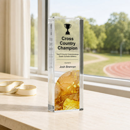 Slim upright cross country champion trophy for a school athletics presentation