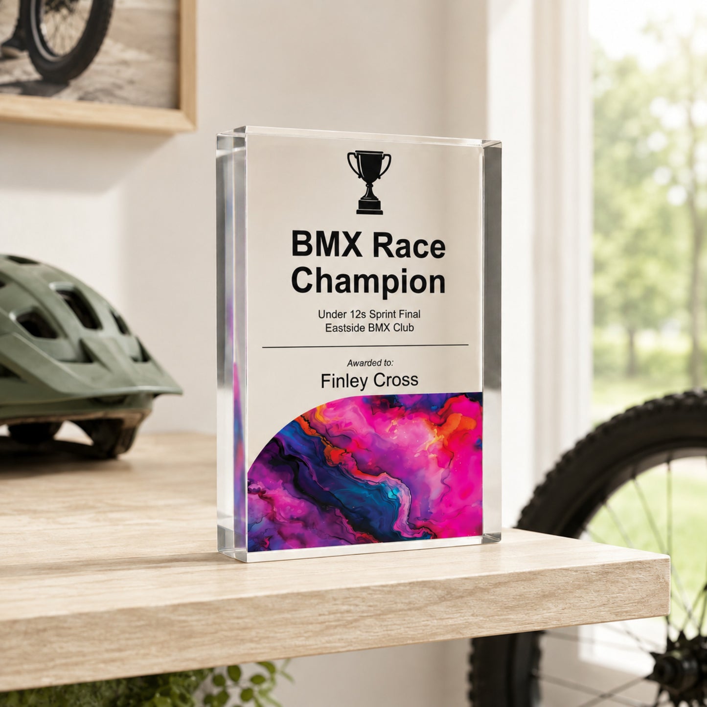 BMX Race Champion acrylic trophy for a club race series prize