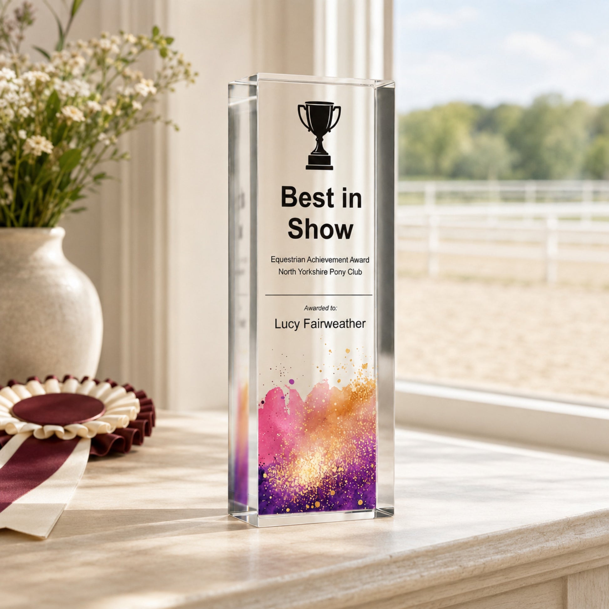 Slim upright Best in Show equestrian trophy displayed beside a rosette