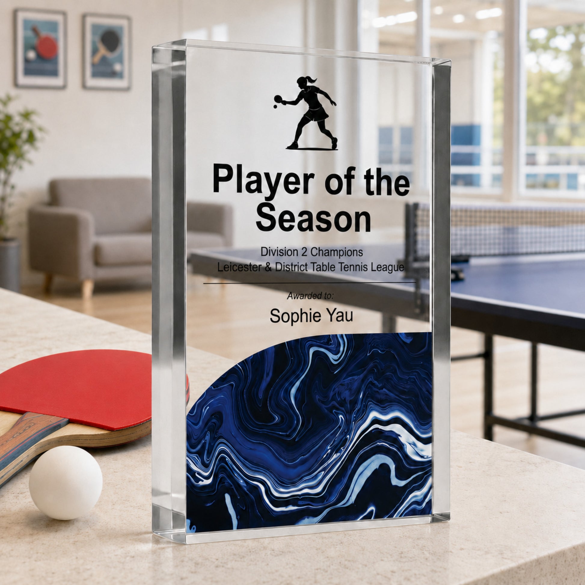 Slim upright Player of the Season table tennis trophy with a navy base