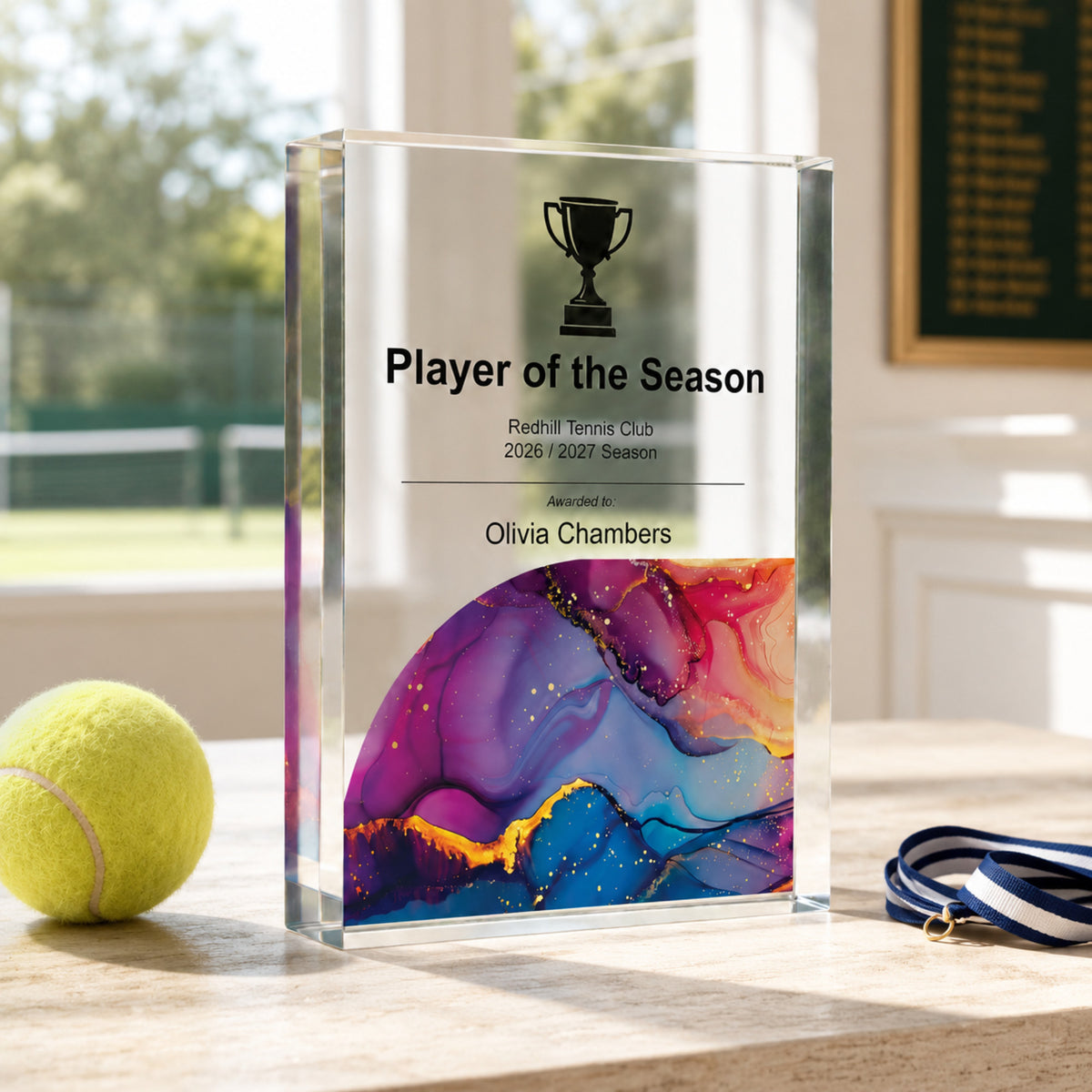 Player of the Season tennis award in clear acrylic with a trophy symbol