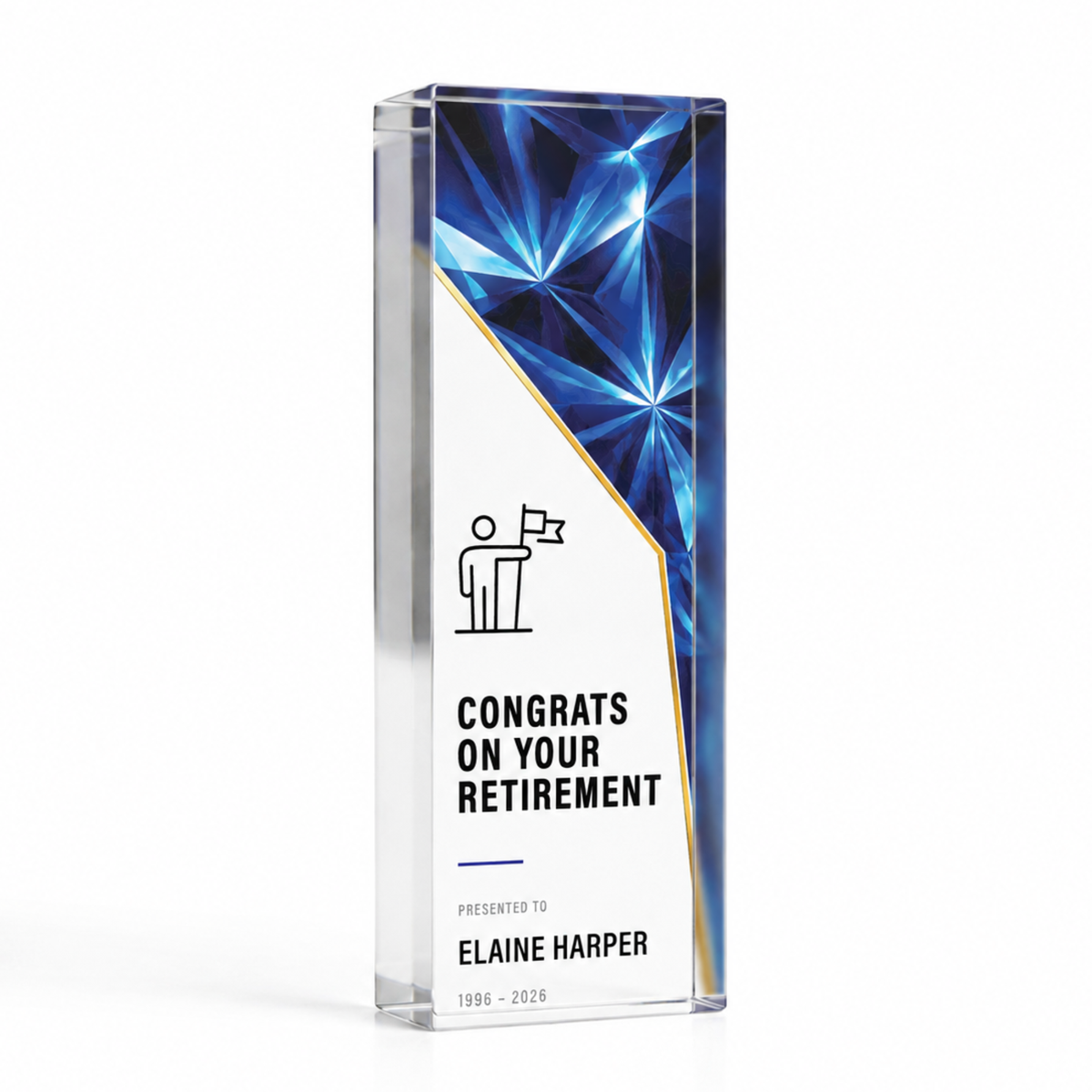 Prism acrylic award in large tall 20 x 6cm, dark blue retirement trophy