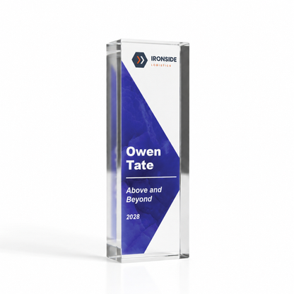 Corporate award in medium tall 15 x 5cm, royal blue acrylic trophy with logo