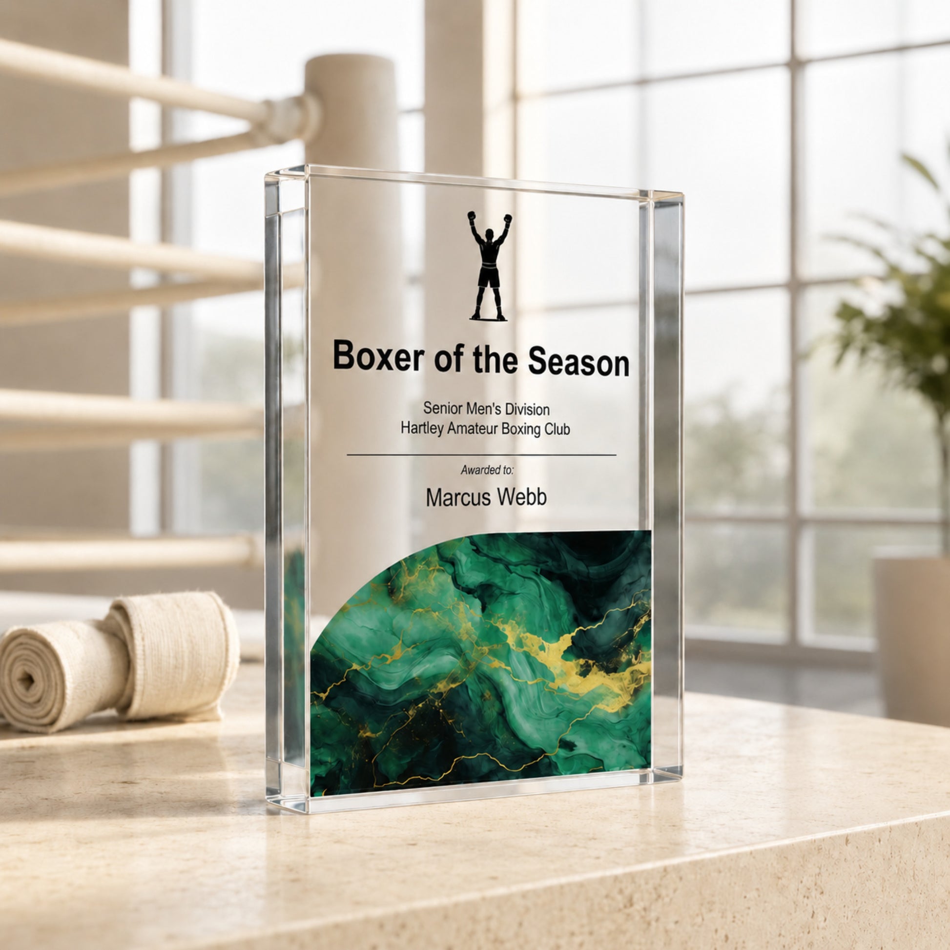 Boxer of the Season acrylic award for an amateur boxing club prize-giving