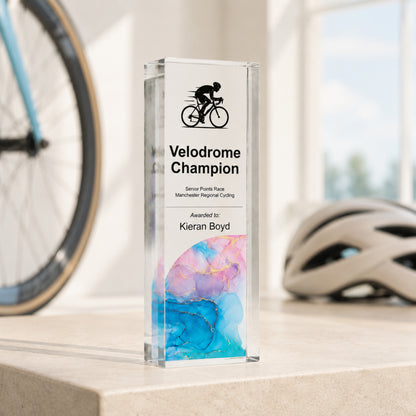 Slim upright Velodrome Champion trophy for a track cycling presentation