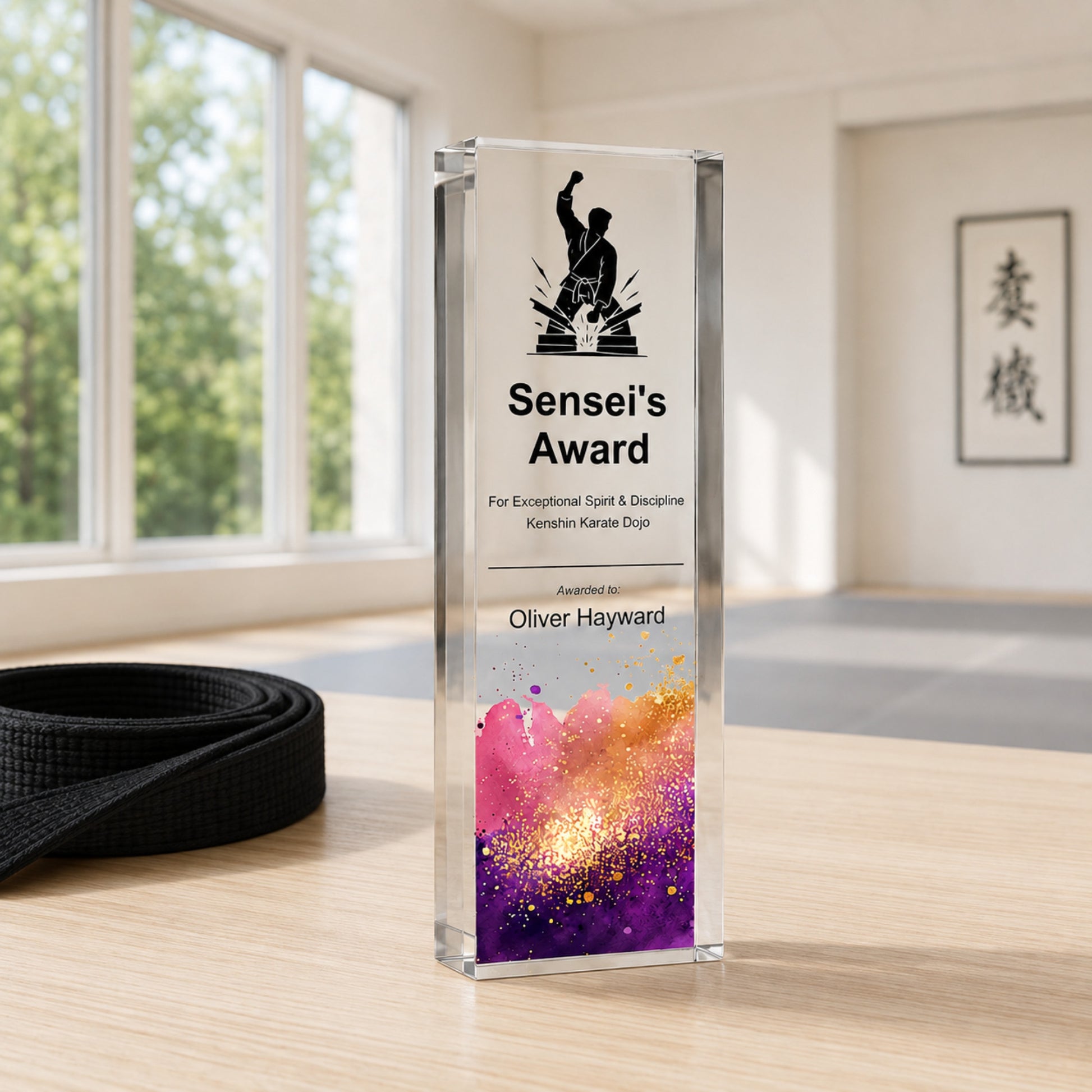 Slim upright Sensei's Award trophy for an instructor recognition presentation