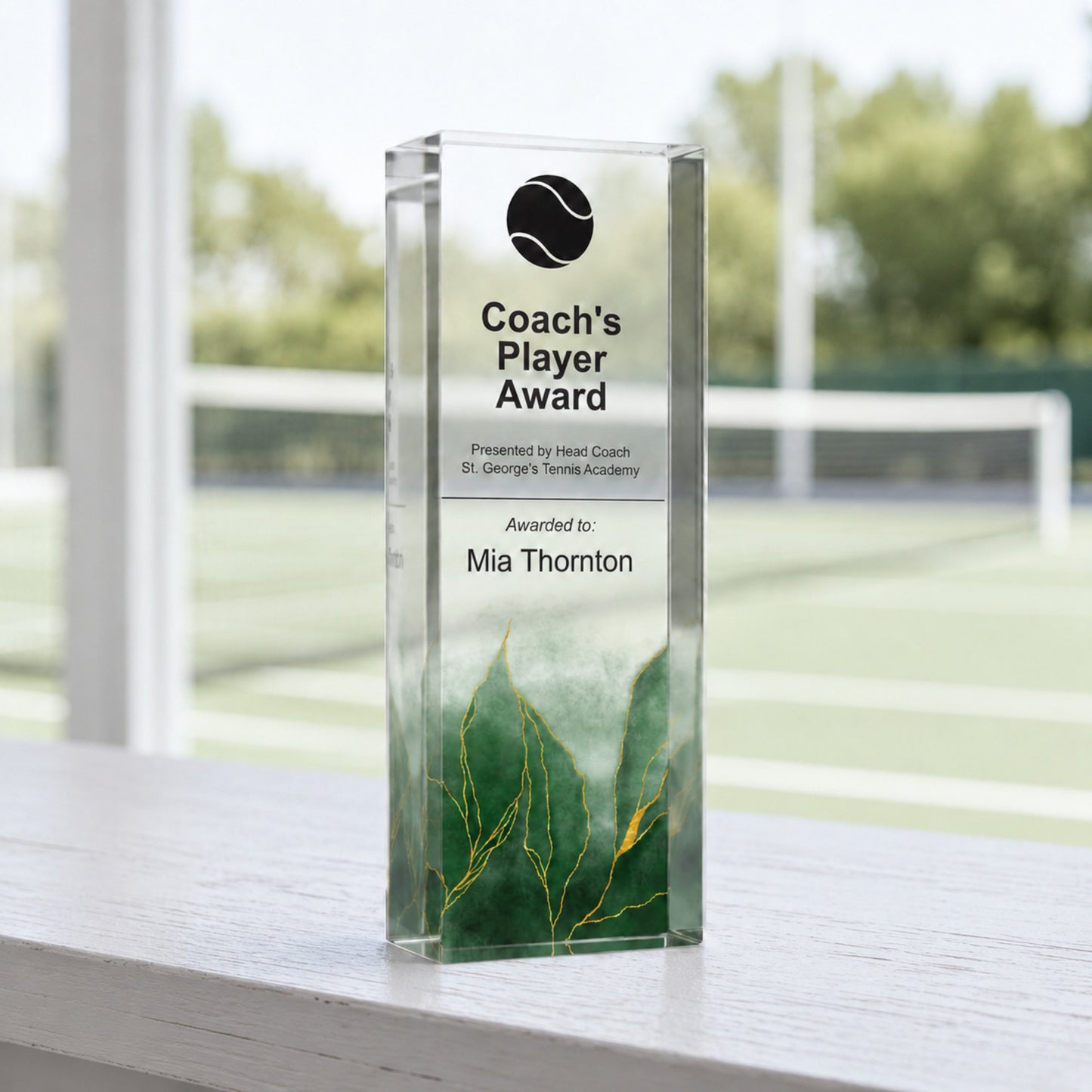 Slim upright Coach's Player Award tennis trophy for a club presentation evening