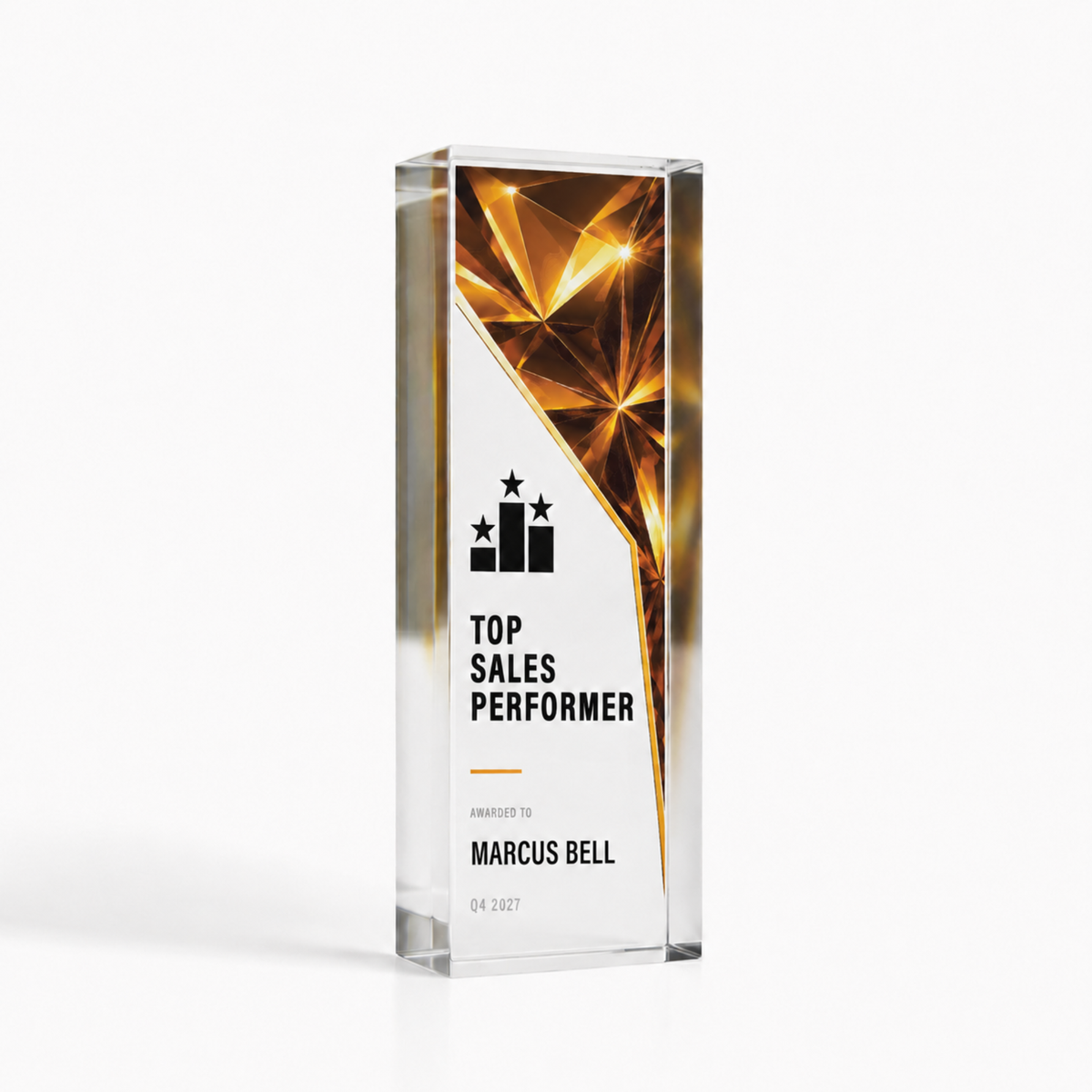 Prism acrylic award in medium tall 15 x 5cm, gold Top Sales Performer trophy